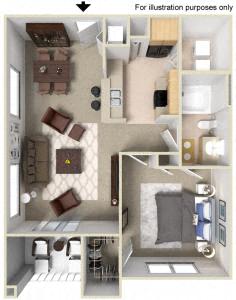 Floor plan for 1 bed, 1 bath, 740 sqft